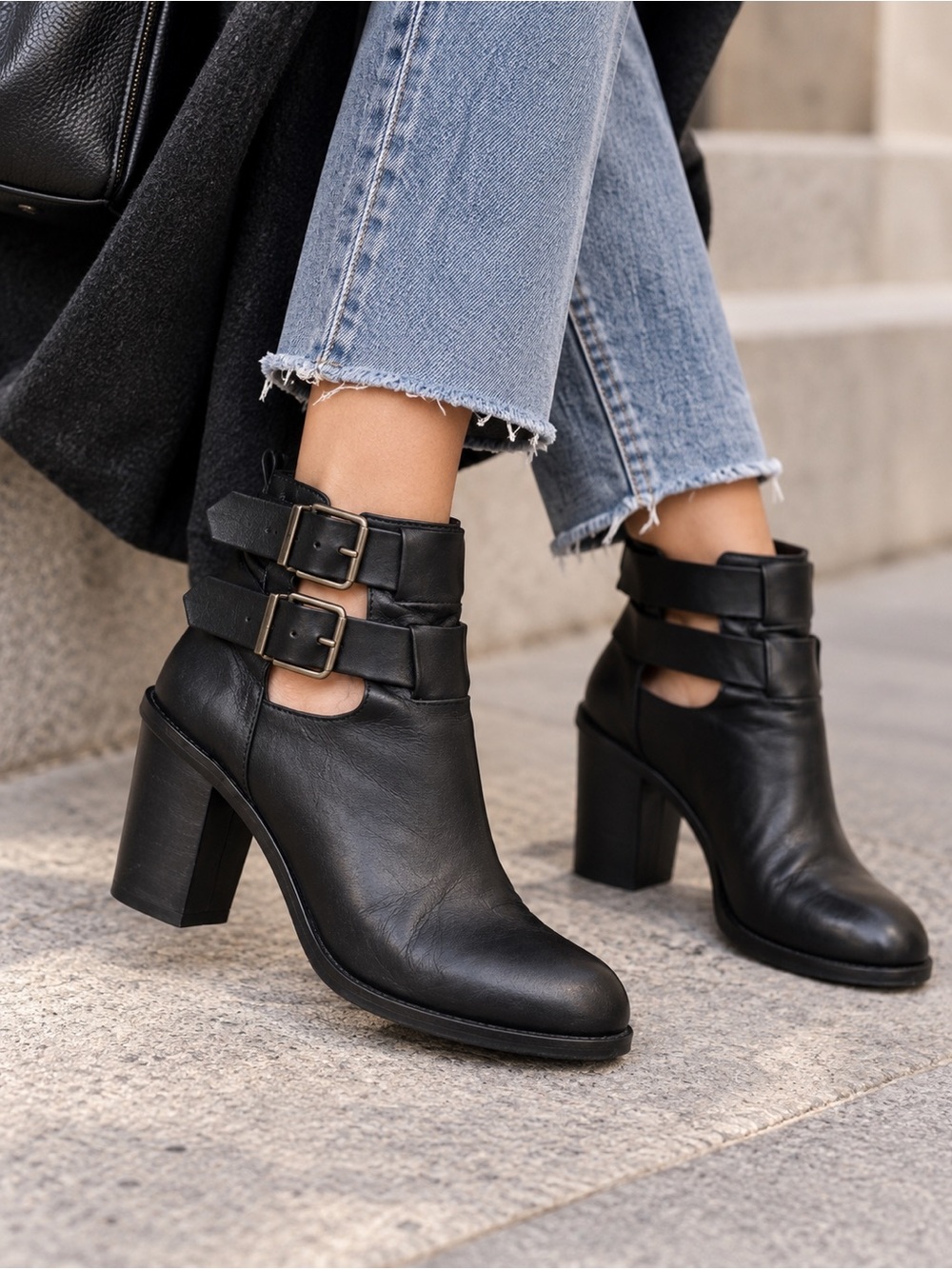 Topshop Black Leather Double Buckle Moto Ankle Boots Size 7